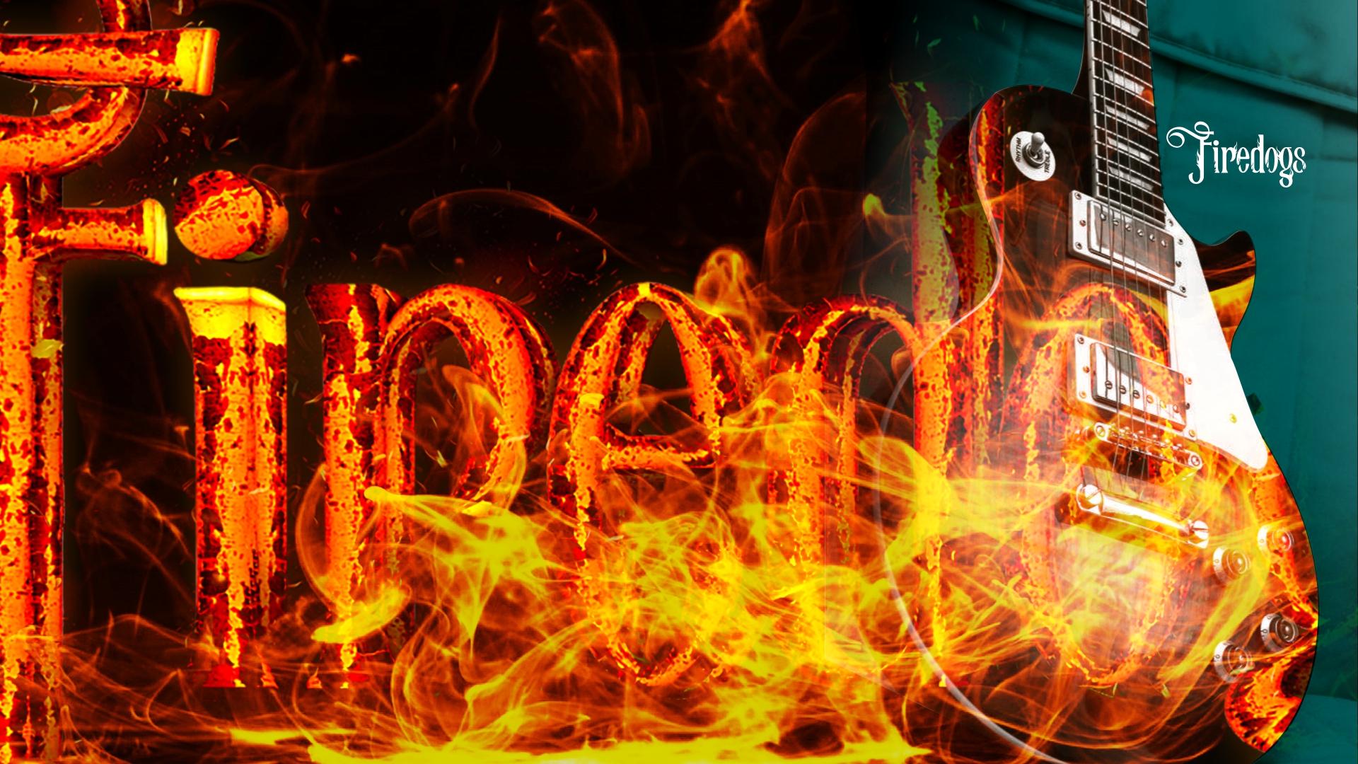 Firedogs — letreiro em fogo com guitarra